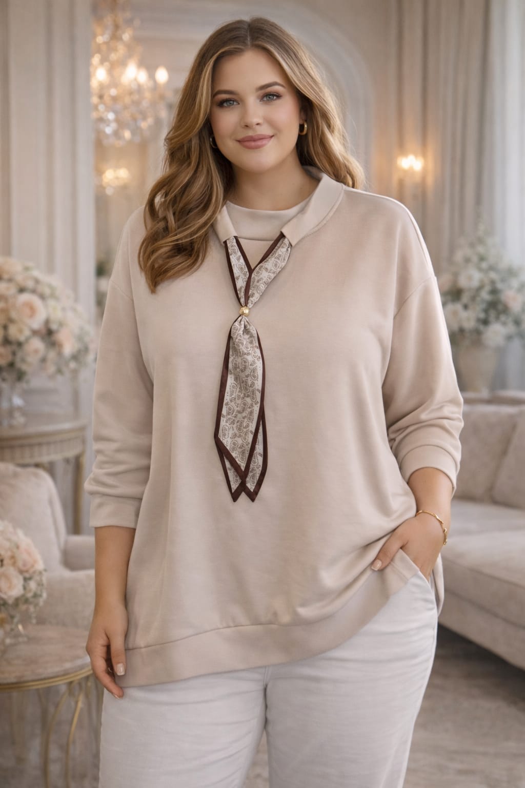 Oversize Printed Neck Tie Scuba Top