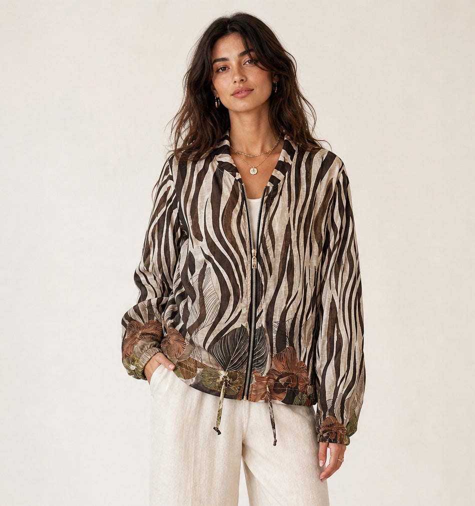 Abstract Leaf Print Bomber Jacket - Brown