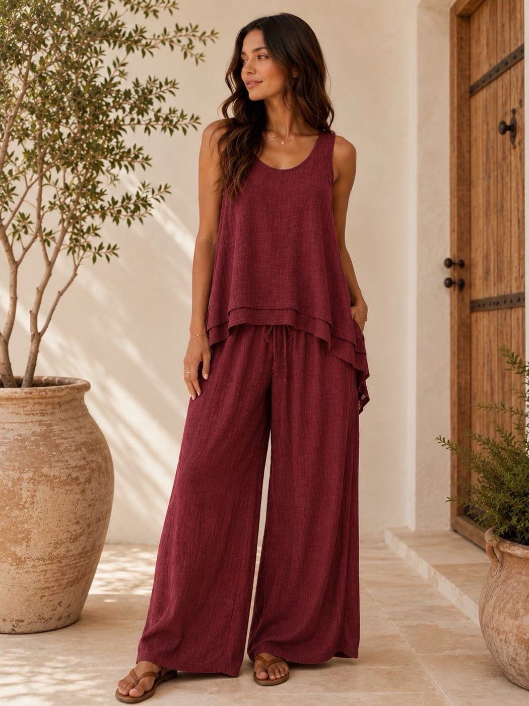 Layered Tank & Wide-Leg Trouser Set - Burgundy