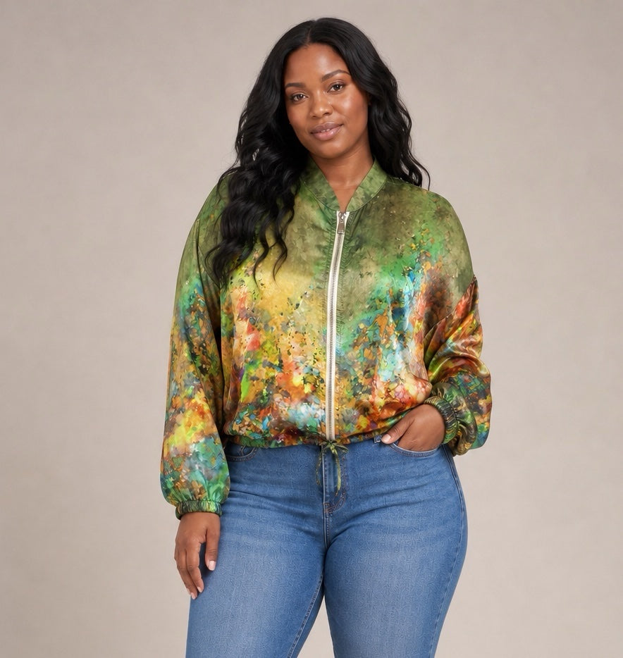 Painterly Floral Bomber Jacket - Green