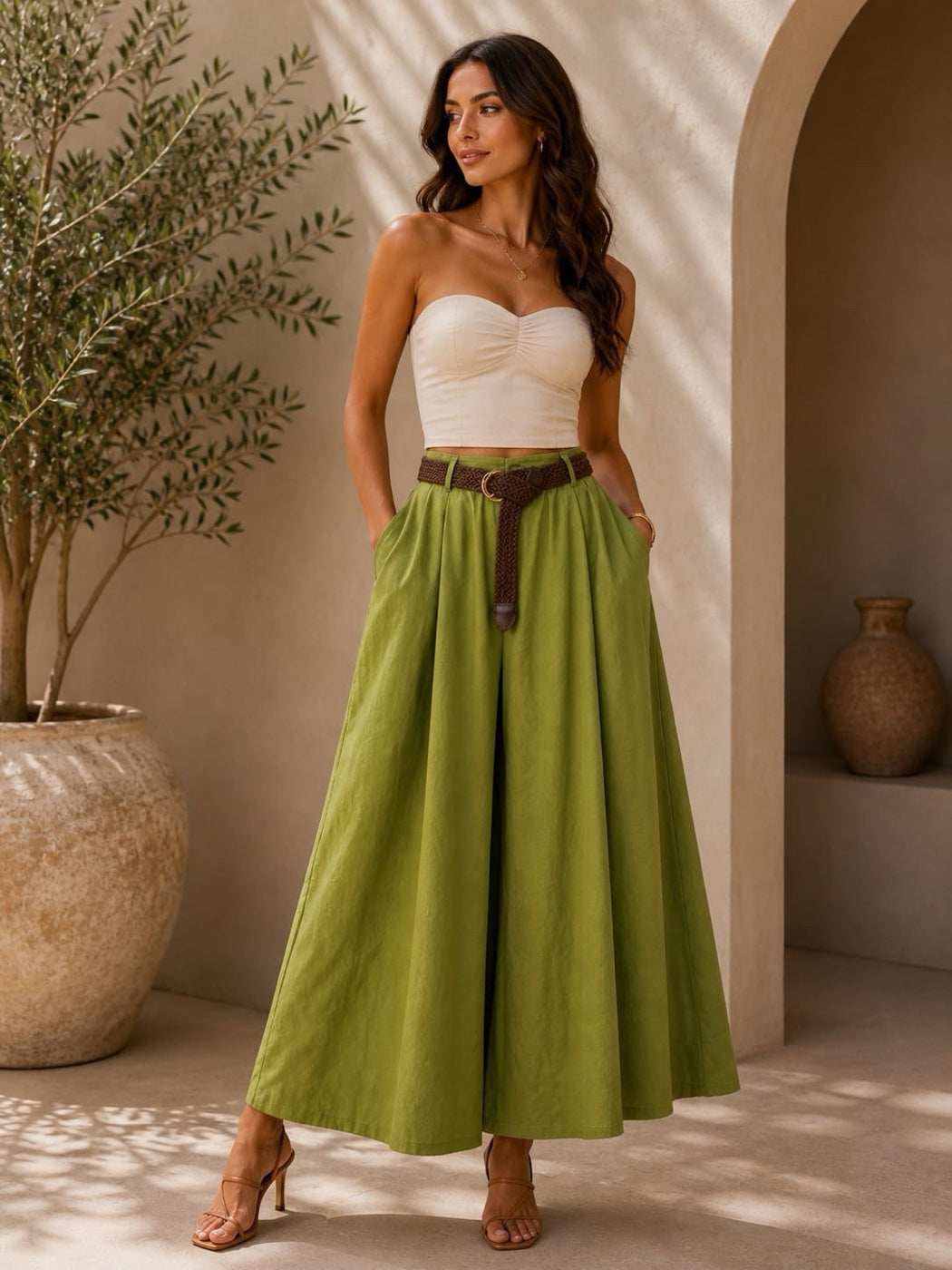 Flowing Wide-Leg Trousers - Olive Green