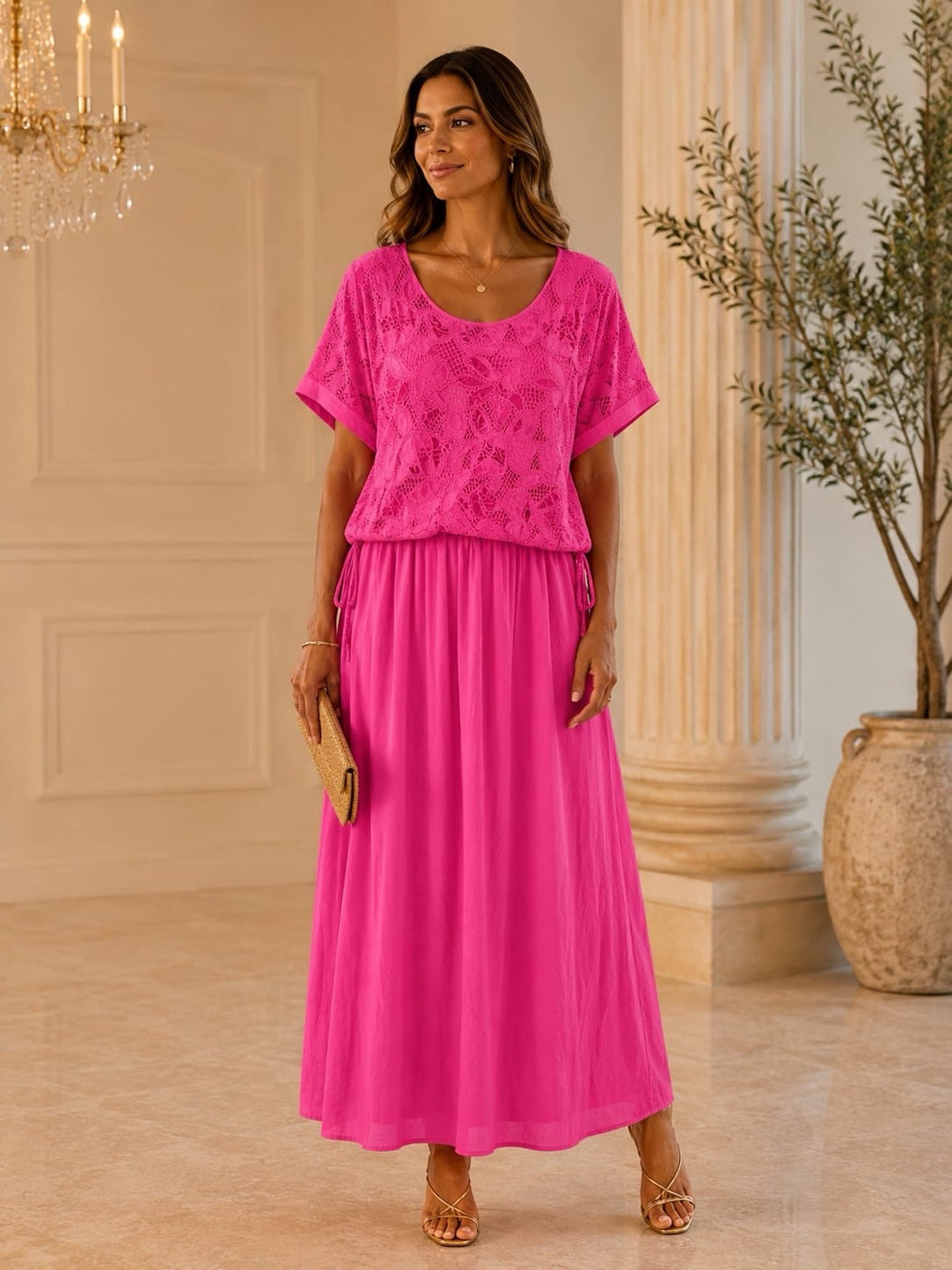 Embroidered Cinched Waist Midi Dress - Fuchsia
