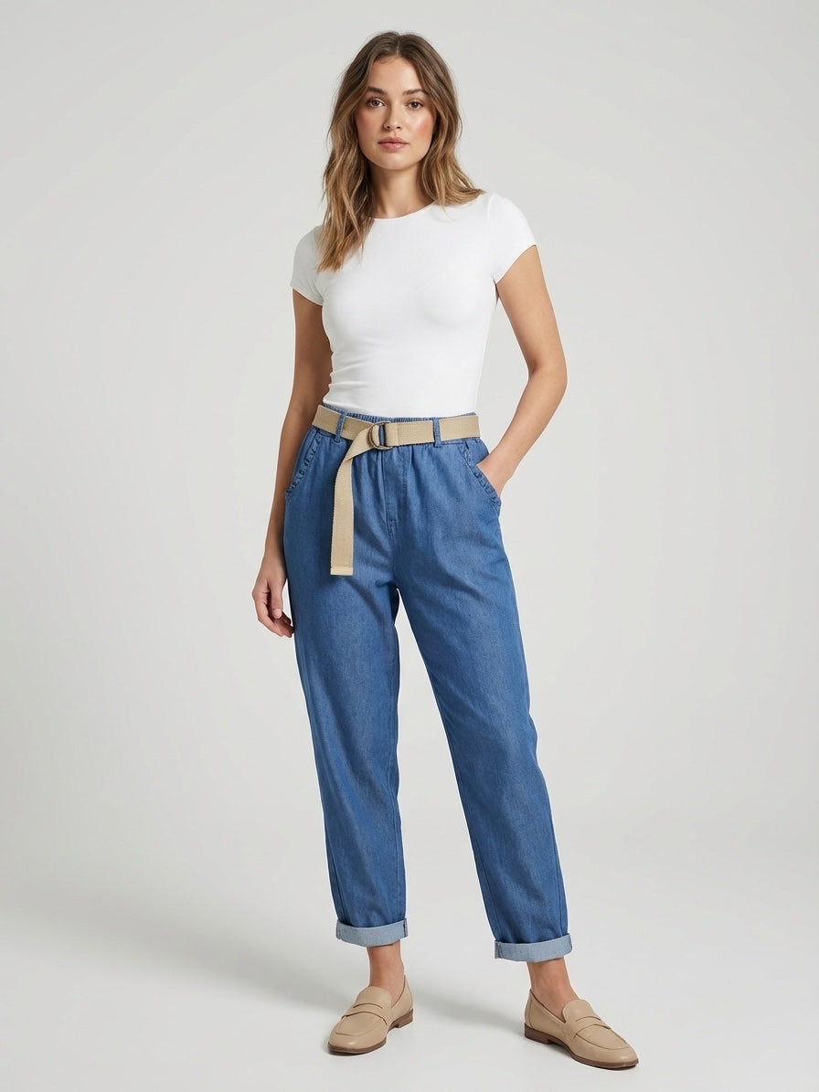 Cotton Belted magic Trousers - Denim