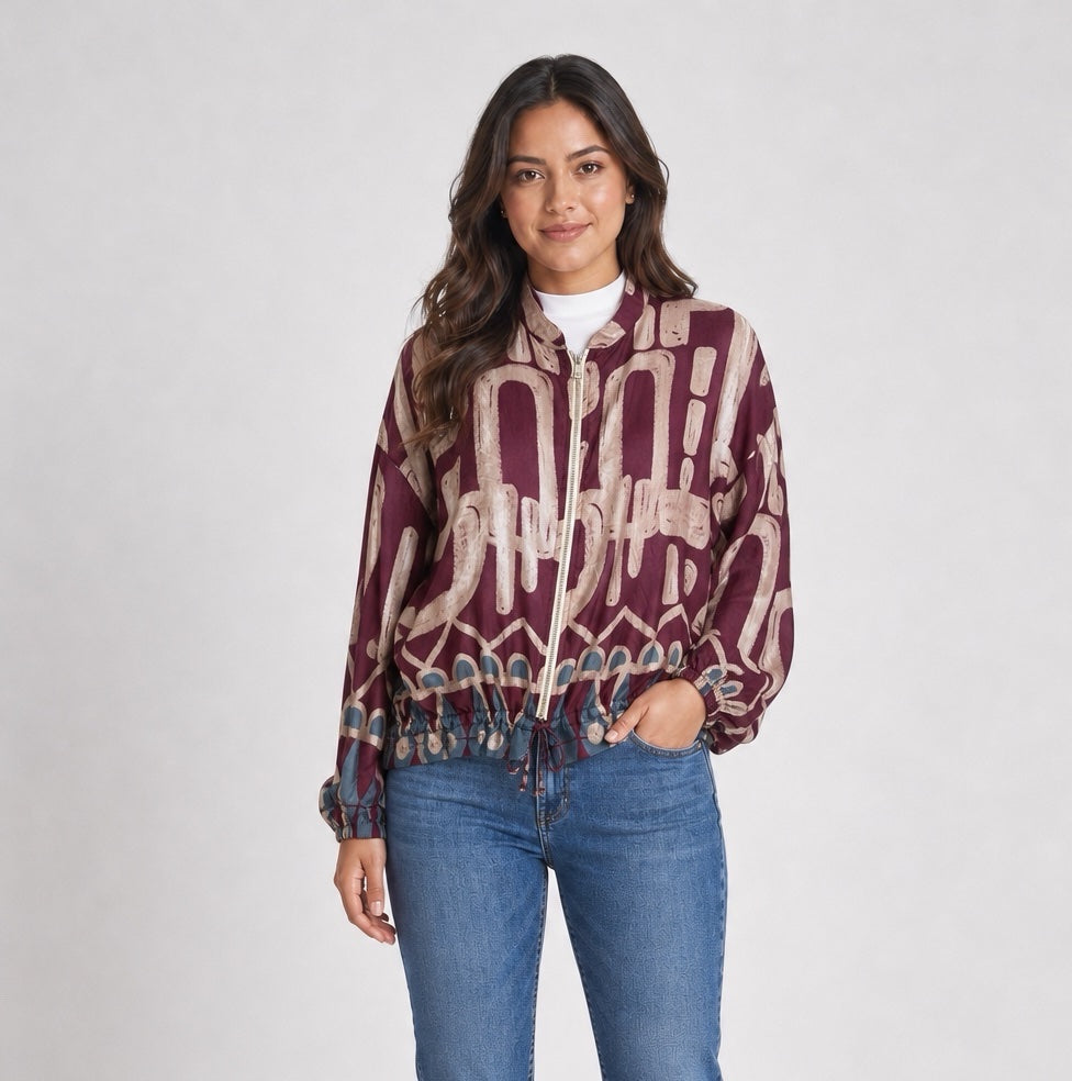 Abstract Print Bomber Jacket - Aubergine
