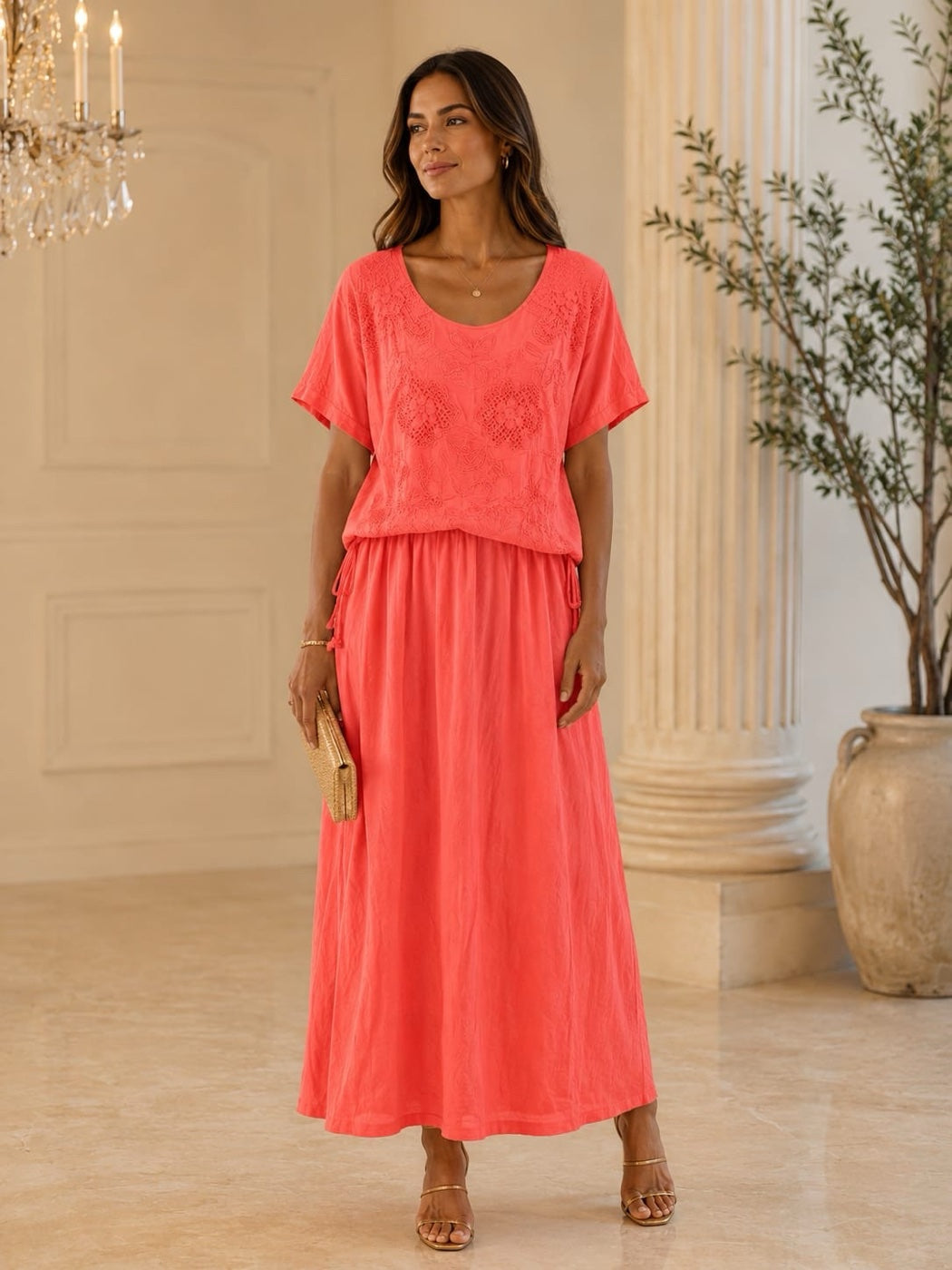 Embroidered Cinched Waist Midi Dress - Coral