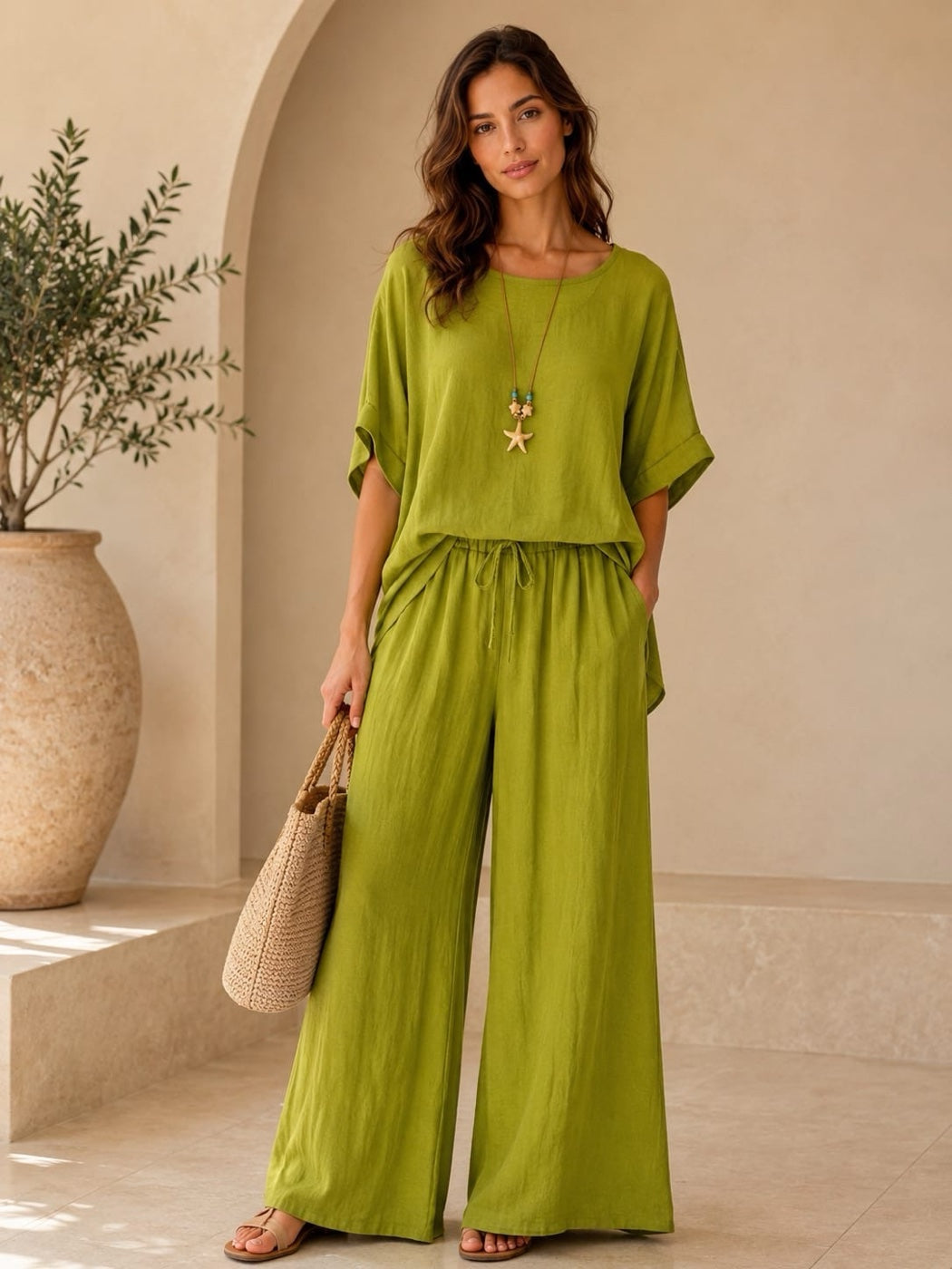 Linen Wide-Leg Trouser and Boxy Top Set - Olive Green