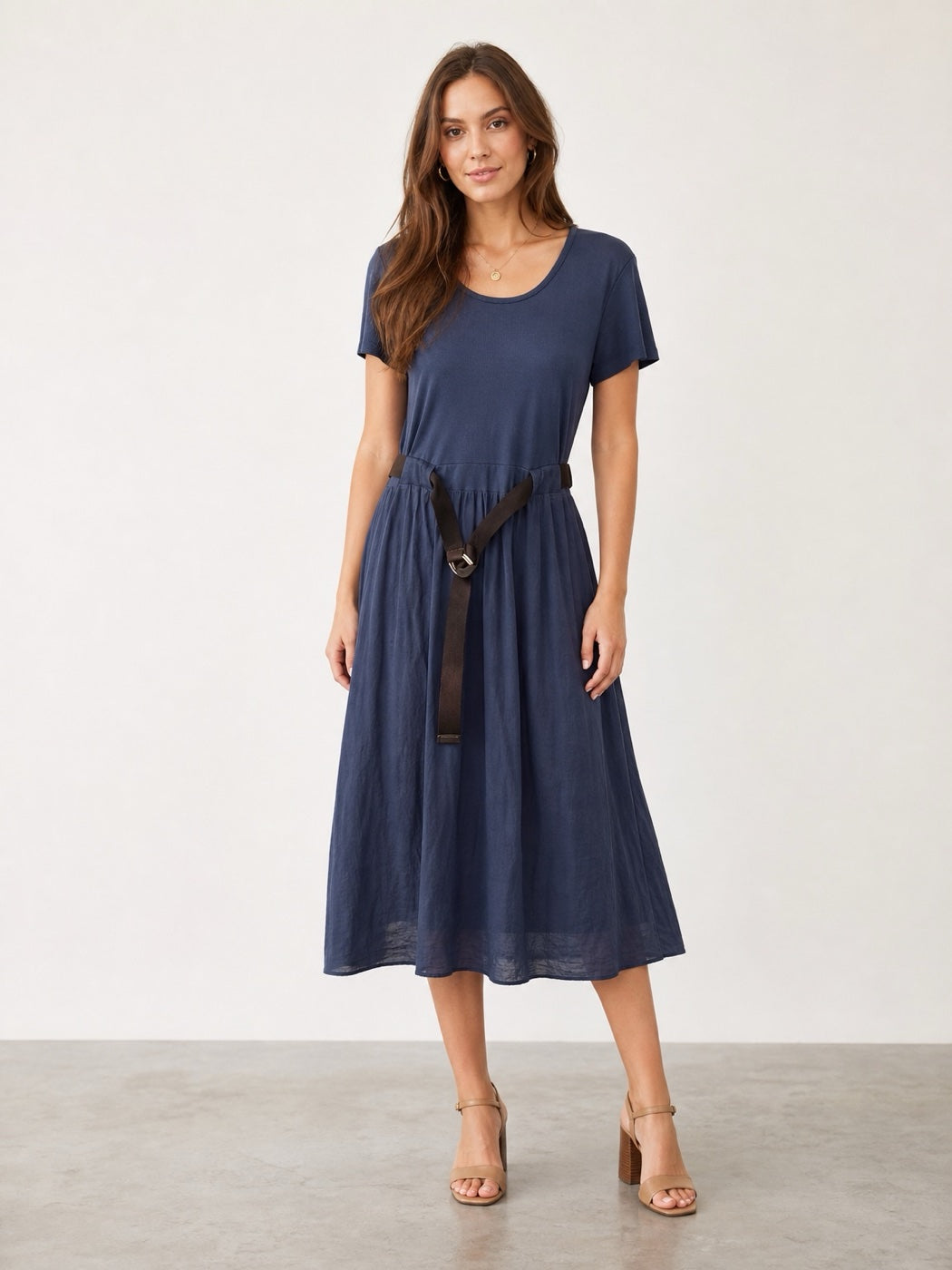 Scoop Neck Belted Midi Dress - Navy