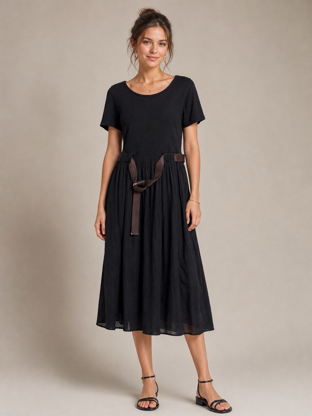Scoop Neck Belted Midi Dress - Black