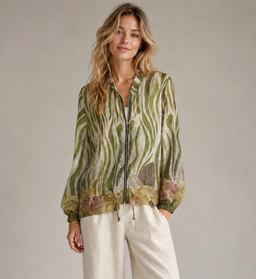 Abstract Leaf Print Bomber Jacket - Green