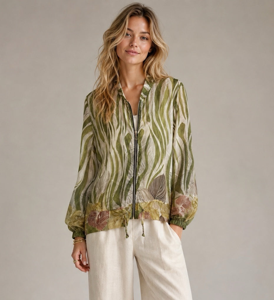 Abstract Leaf Print Bomber Jacket - Green