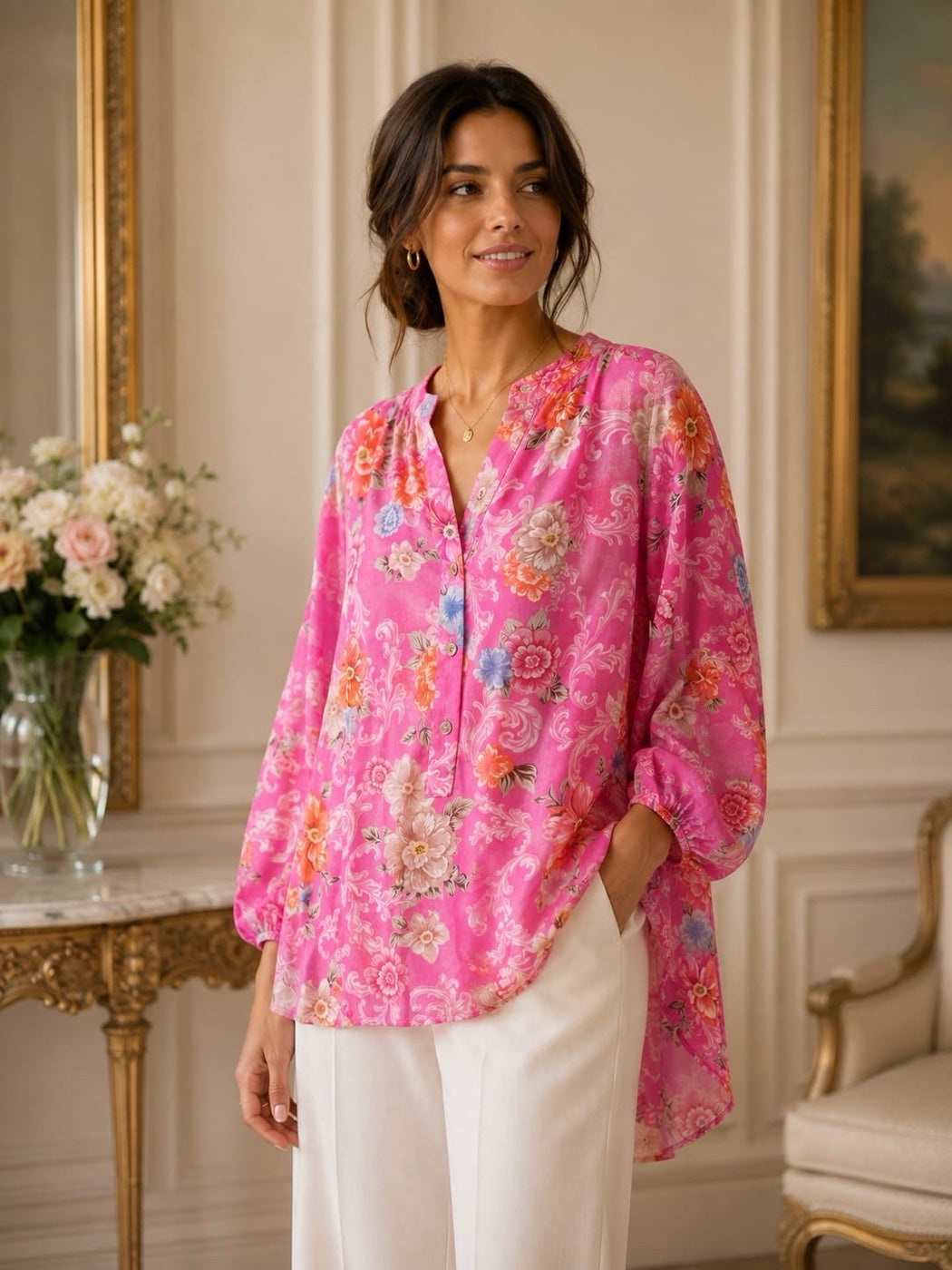 Floral Print V-Neck Blouse - White