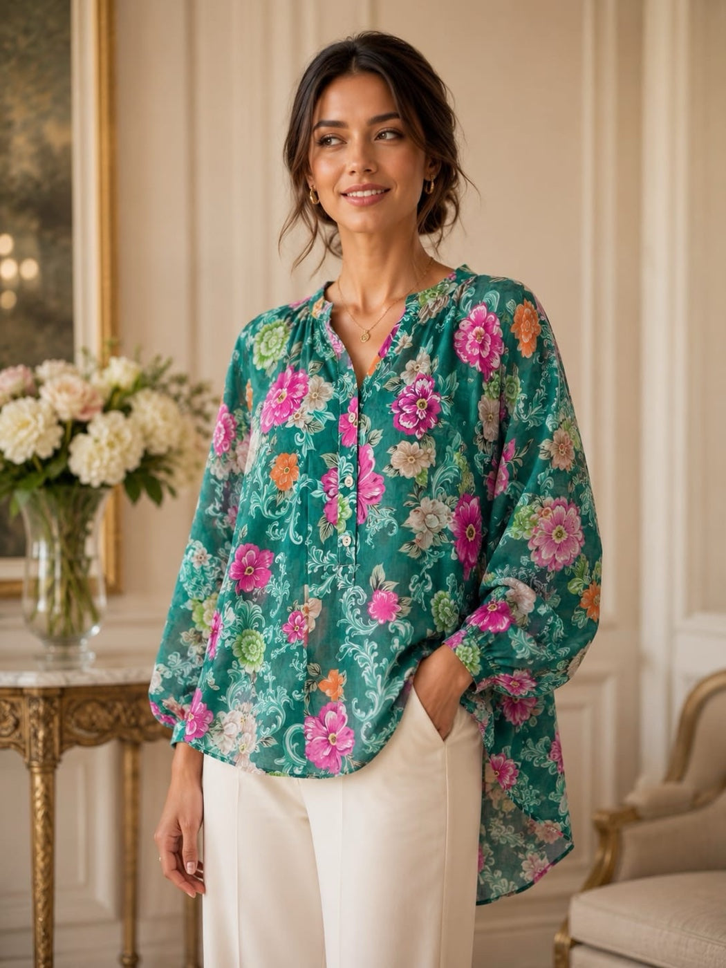 Floral Print V-Neck Blouse - Green