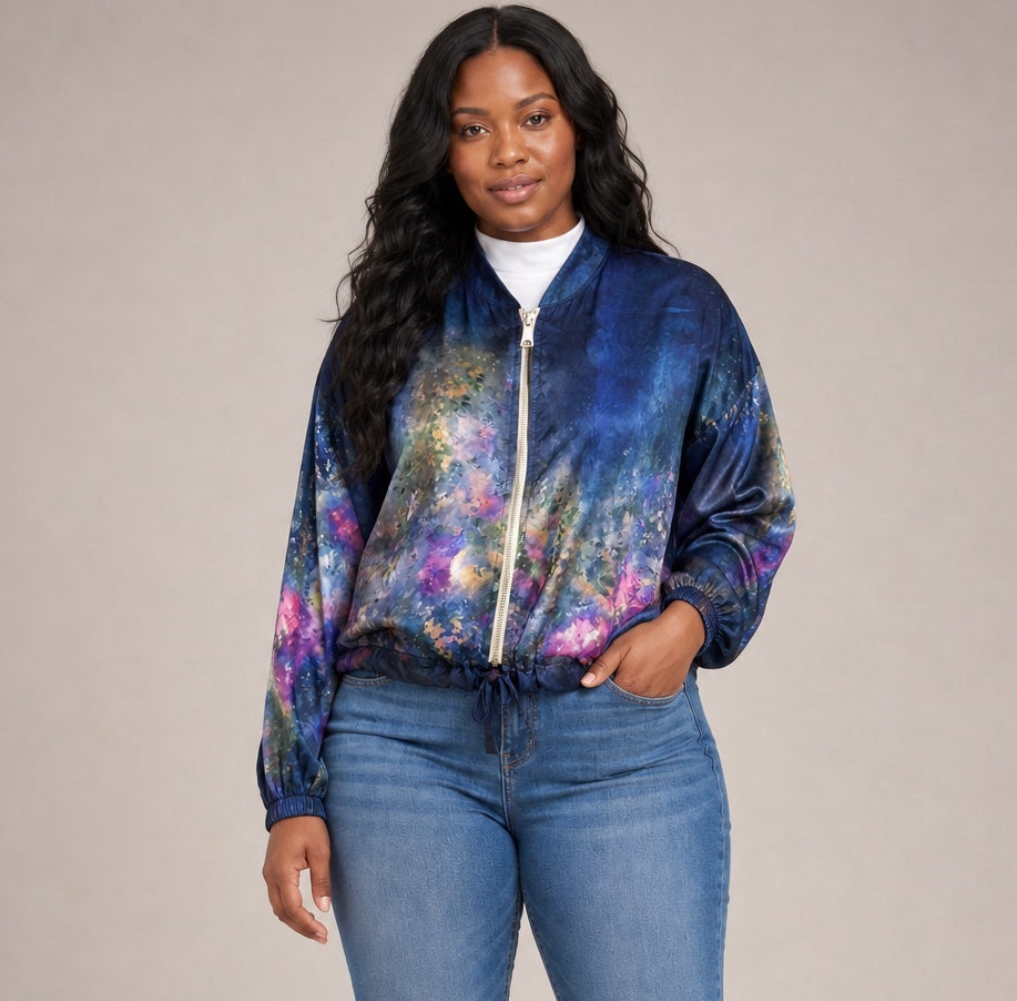 Painterly Floral Bomber Jacket - Navy