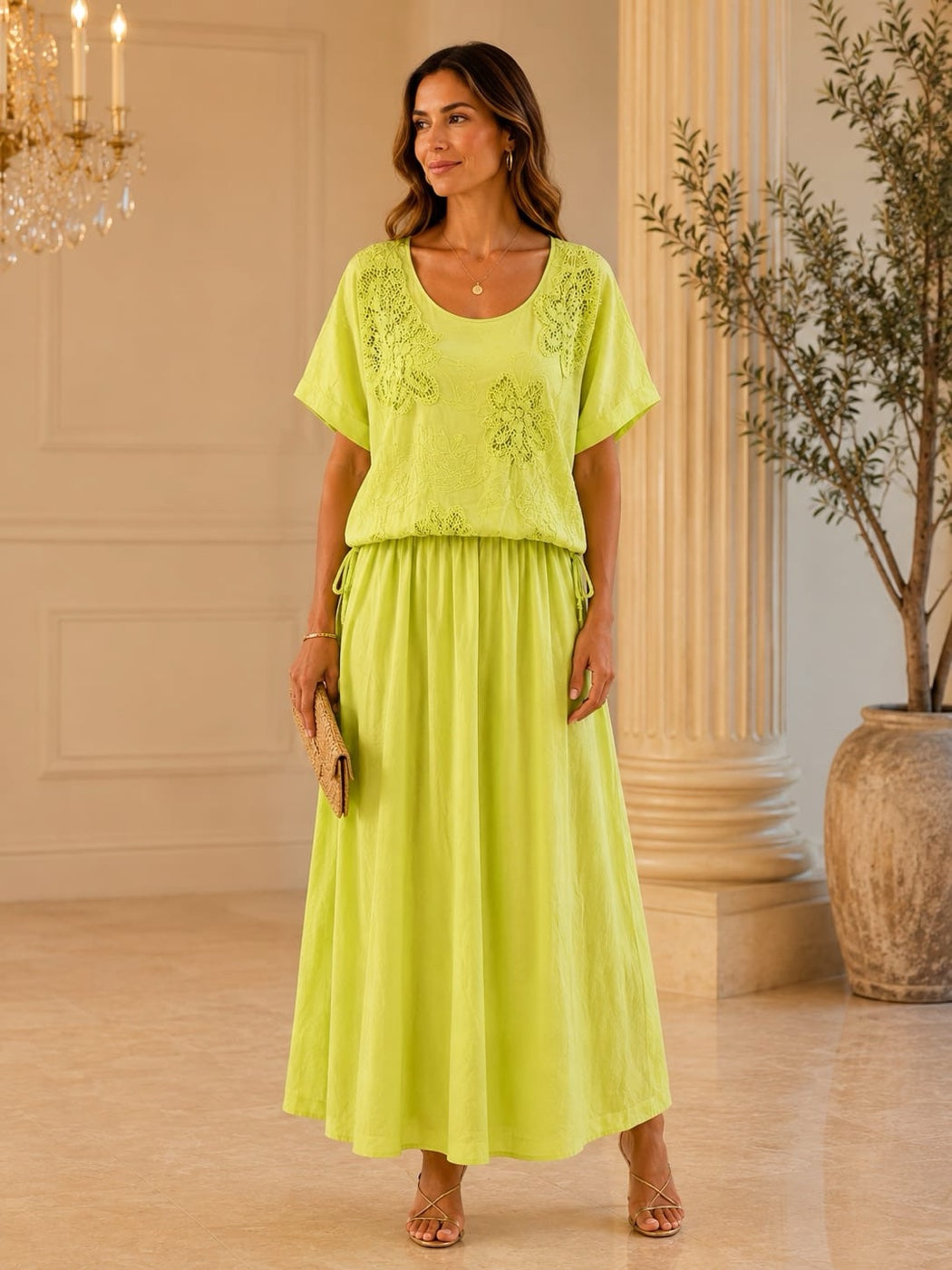 Embroidered Cinched Waist Midi Dress - Lime Green
