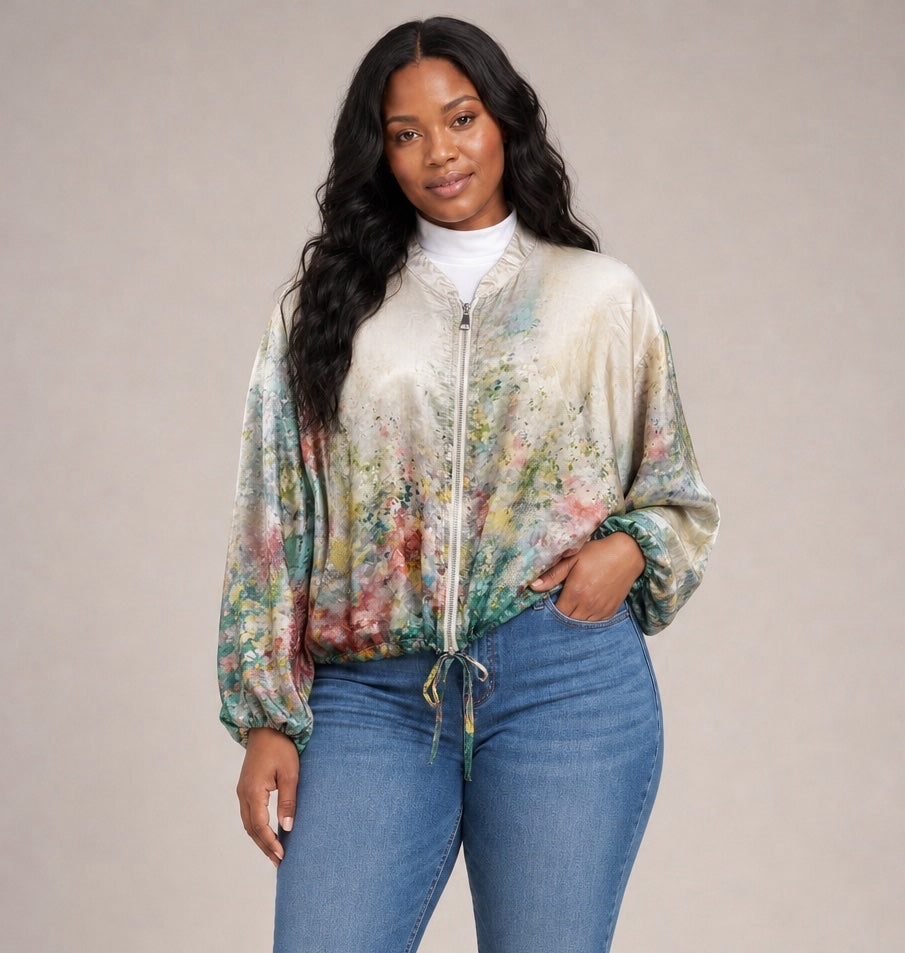 Painterly Floral Bomber Jacket - Cream
