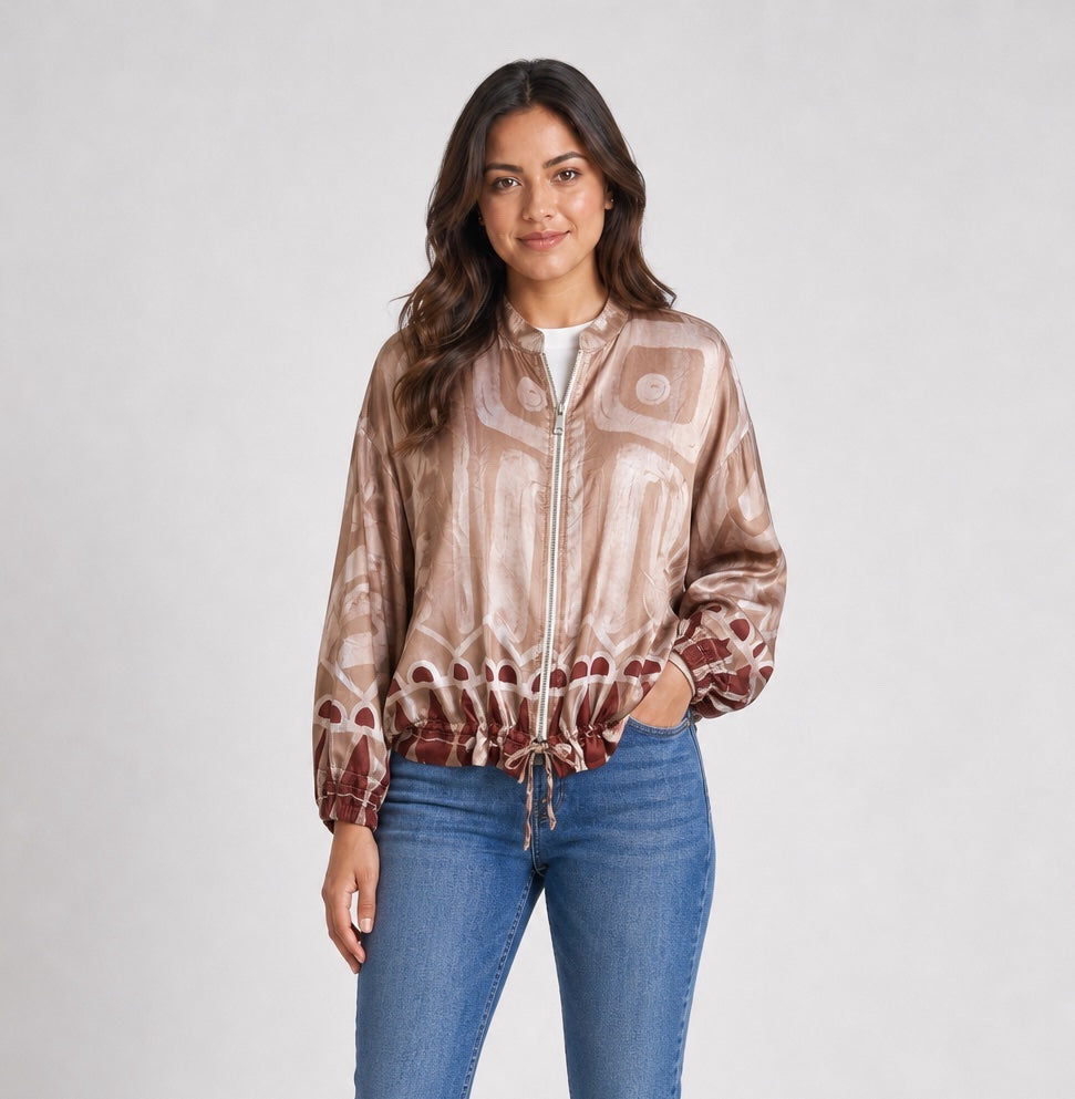 Abstract Print Bomber Jacket - Nude