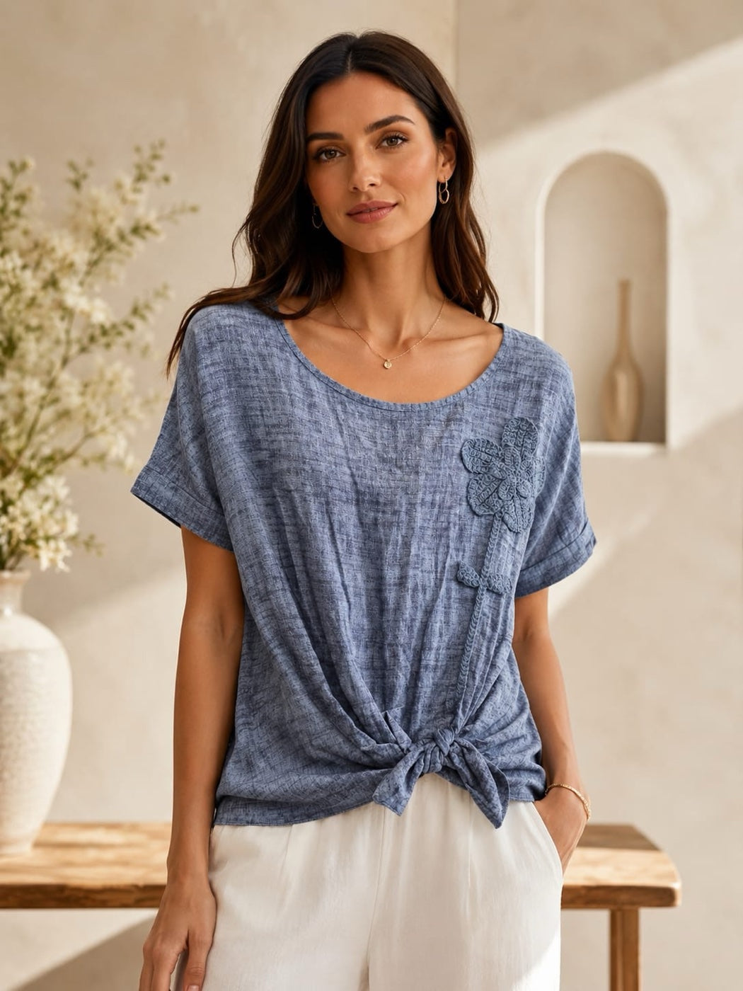 Textured Knot Hem Top with Floral Appliqué - Denim