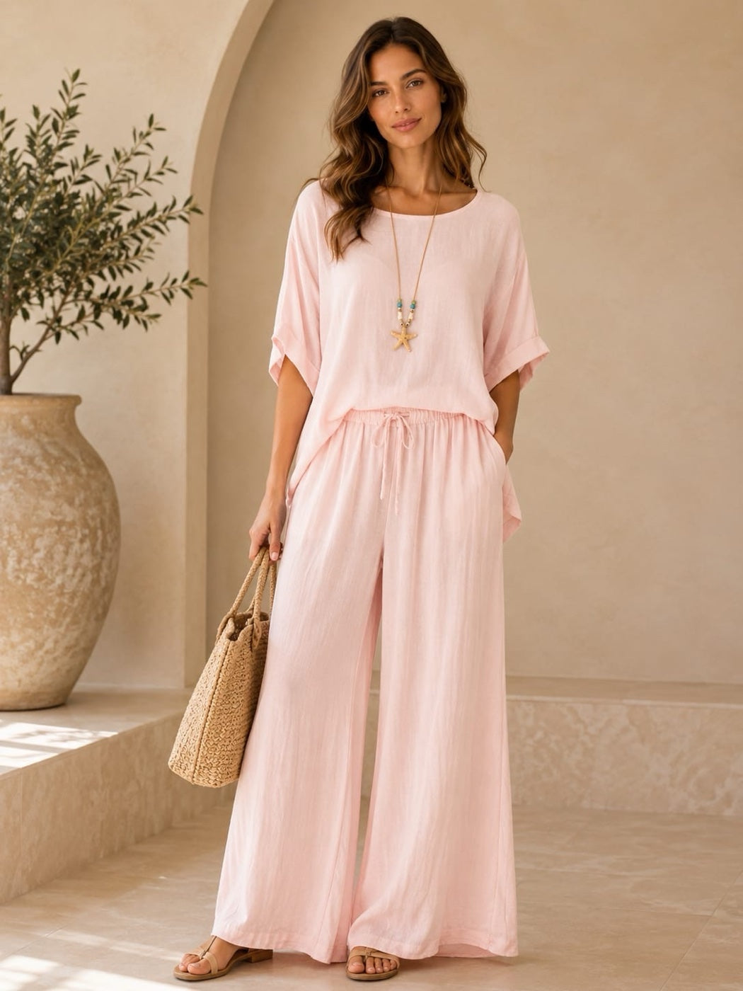 Linen Wide-Leg Trouser and Boxy Top Set - Pink