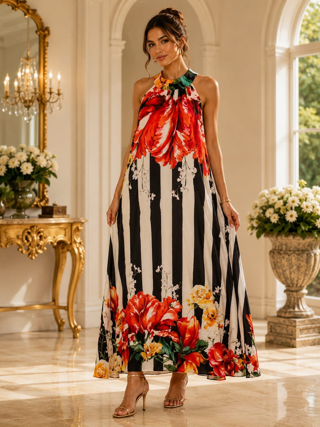 Maxi Dress with Floral Print and Halter Neck - Black