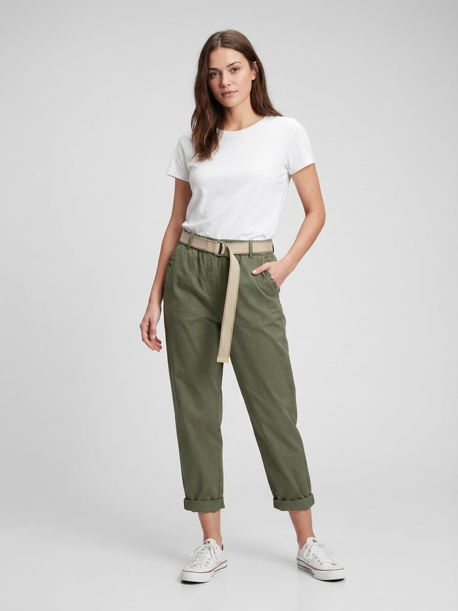 Cotton Belted magic Trousers - Khaki Green