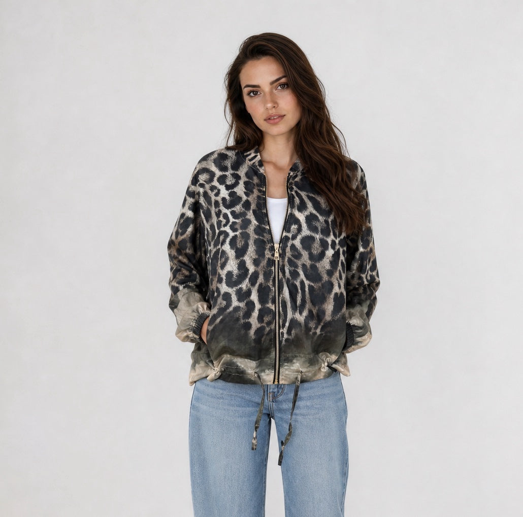 Animal Print Bomber Jacket - Khaki Green