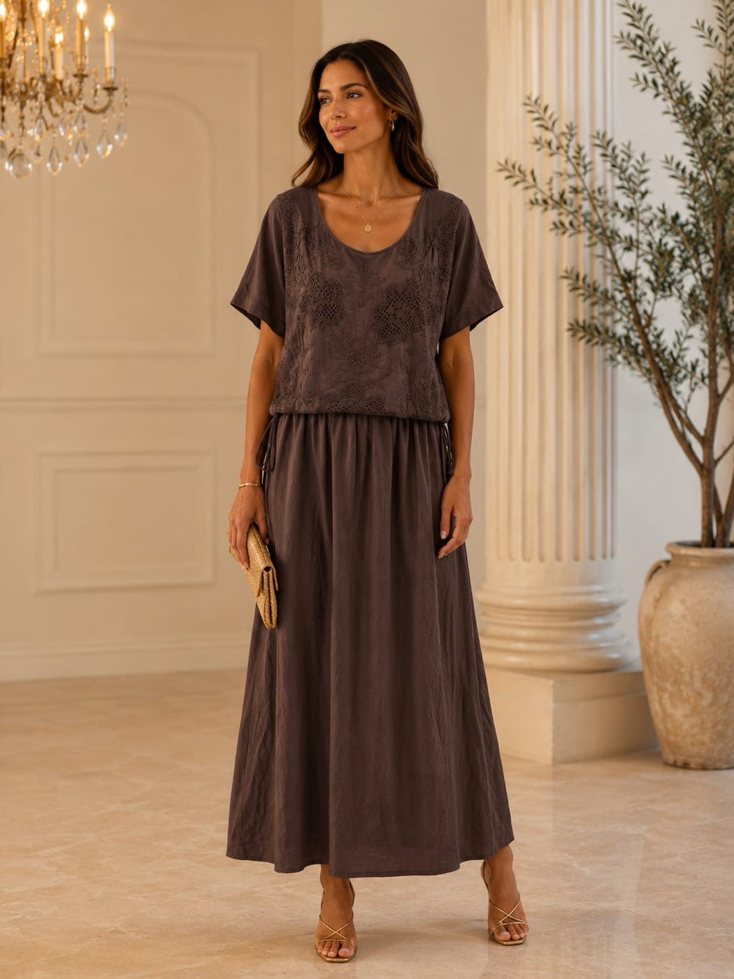 Embroidered Cinched Waist Midi Dress - Chocolate