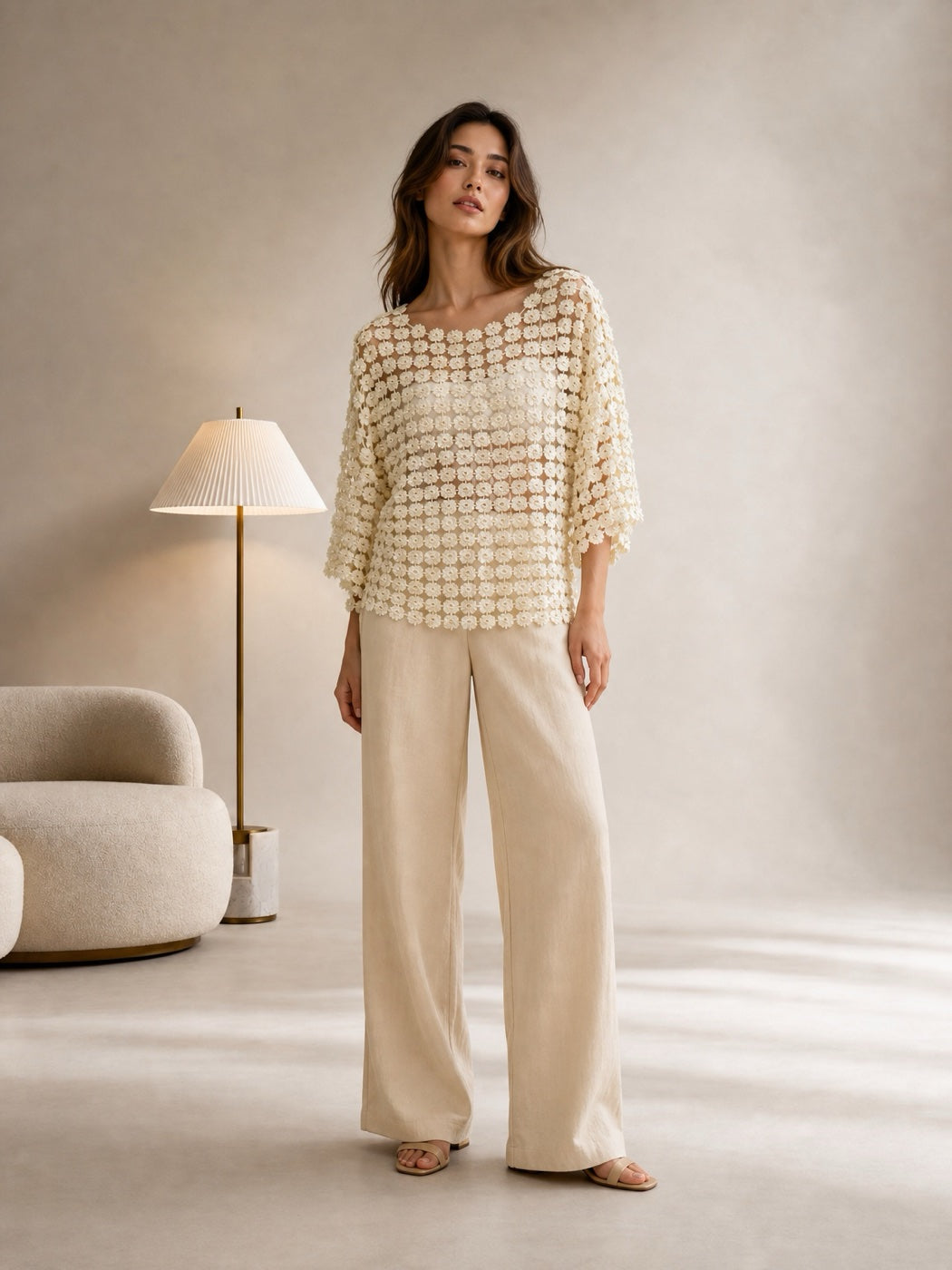 Embellished Floral Overlay Top - Cream