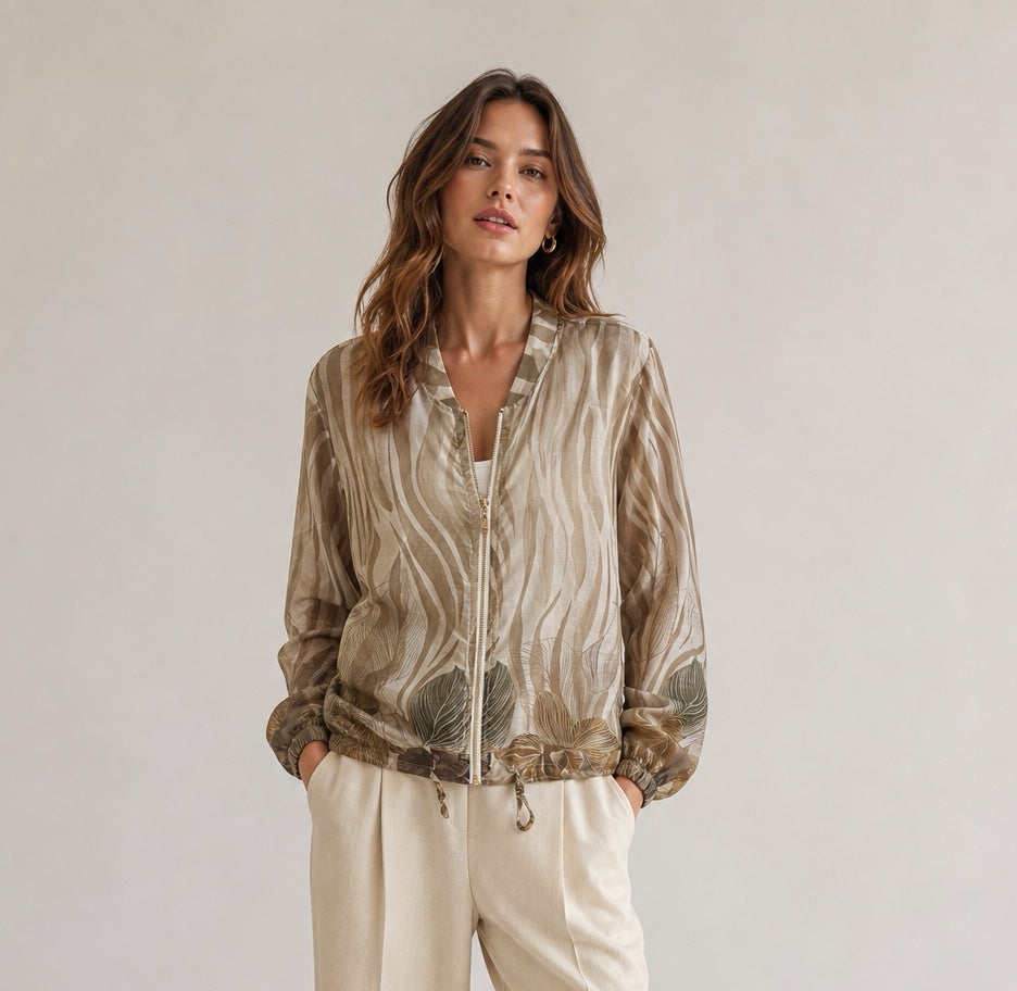 Abstract Leaf Print Bomber Jacket - Beige