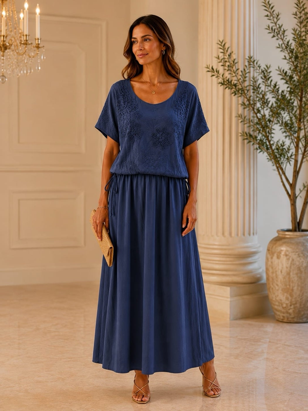 Embroidered Cinched Waist Midi Dress - Navy