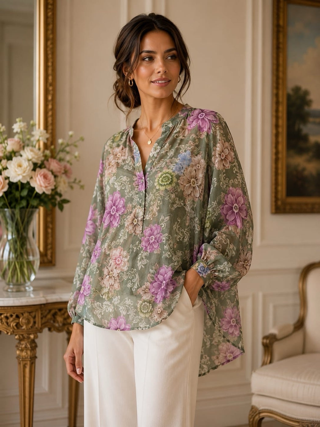 Floral Print V-Neck Blouse - Khaki