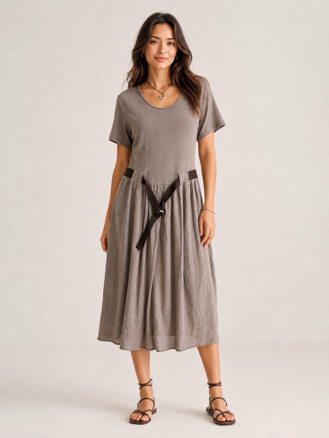 Scoop Neck Belted Midi Dress - Mocha