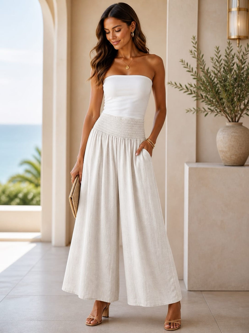 Smocked Waist Wide-Leg Culottes - Beige