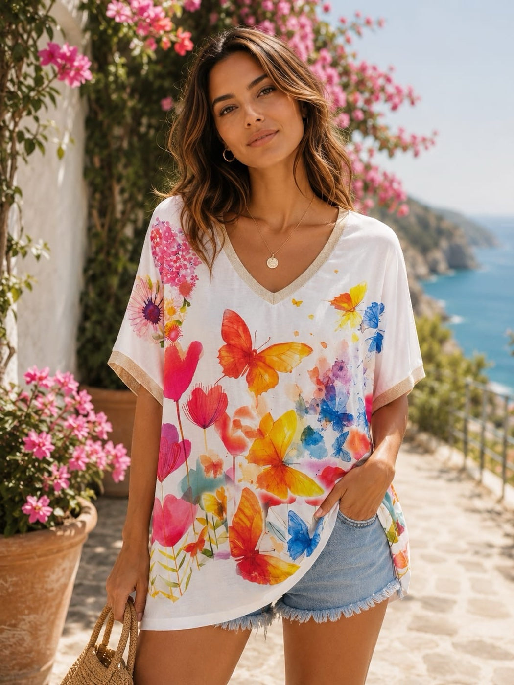 Artistic Frida Graphic V-Neck Top - Antique White