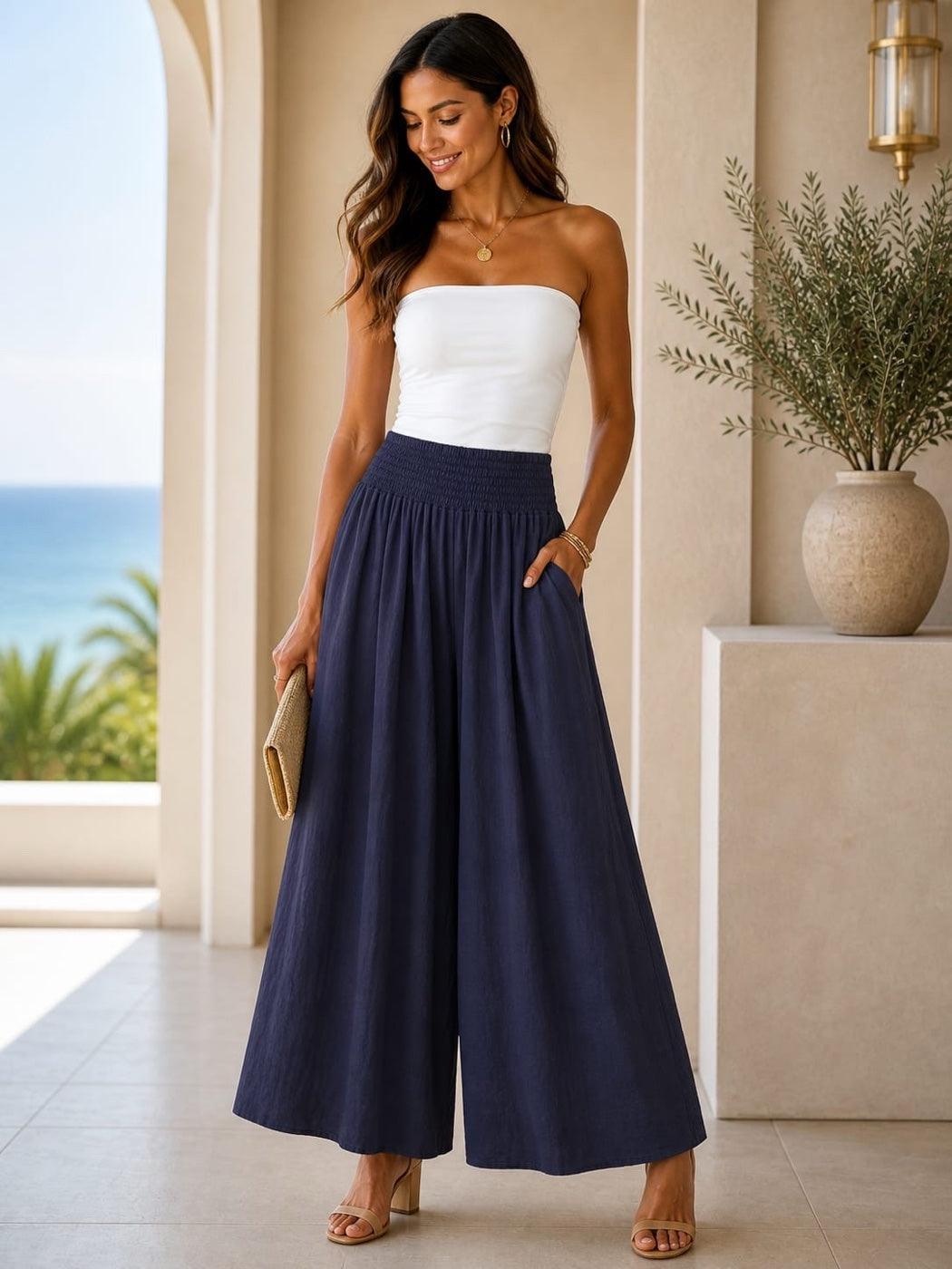 Smocked Waist Wide-Leg Culottes - Navy