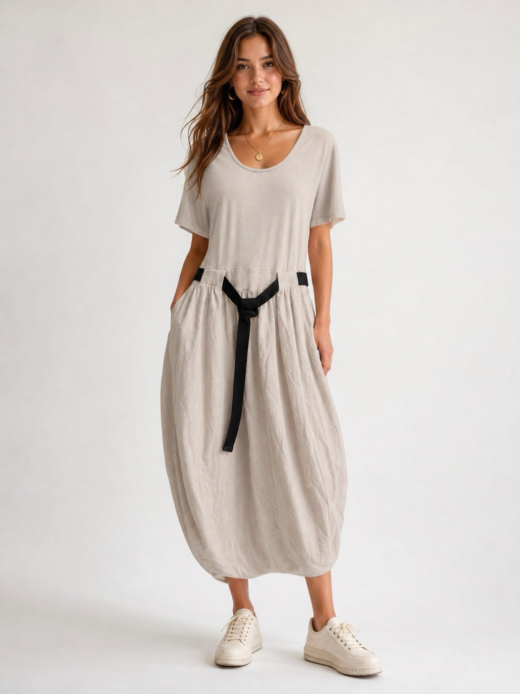 Scoop Neck Belted Midi Dress - Beige