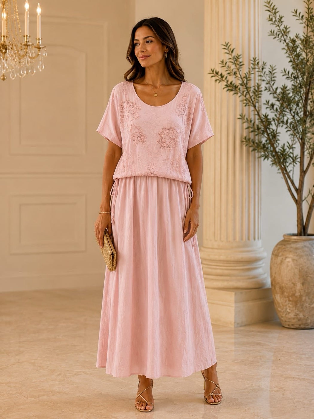 Embroidered Cinched Waist Midi Dress - Pink