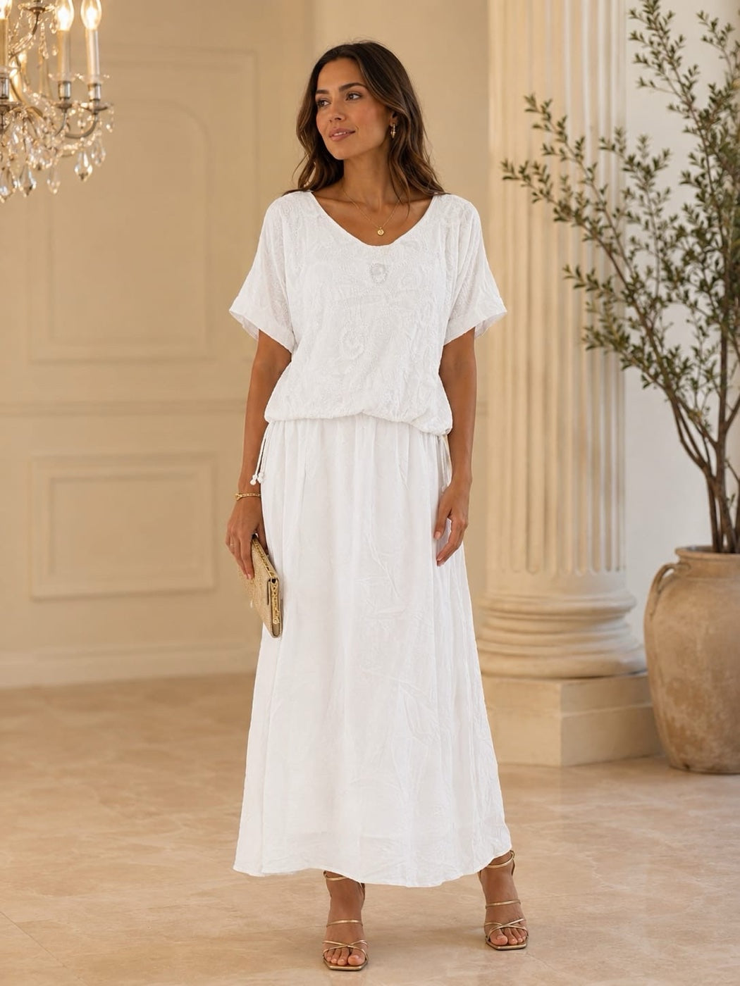 Embroidered Cinched Waist Midi Dress - White