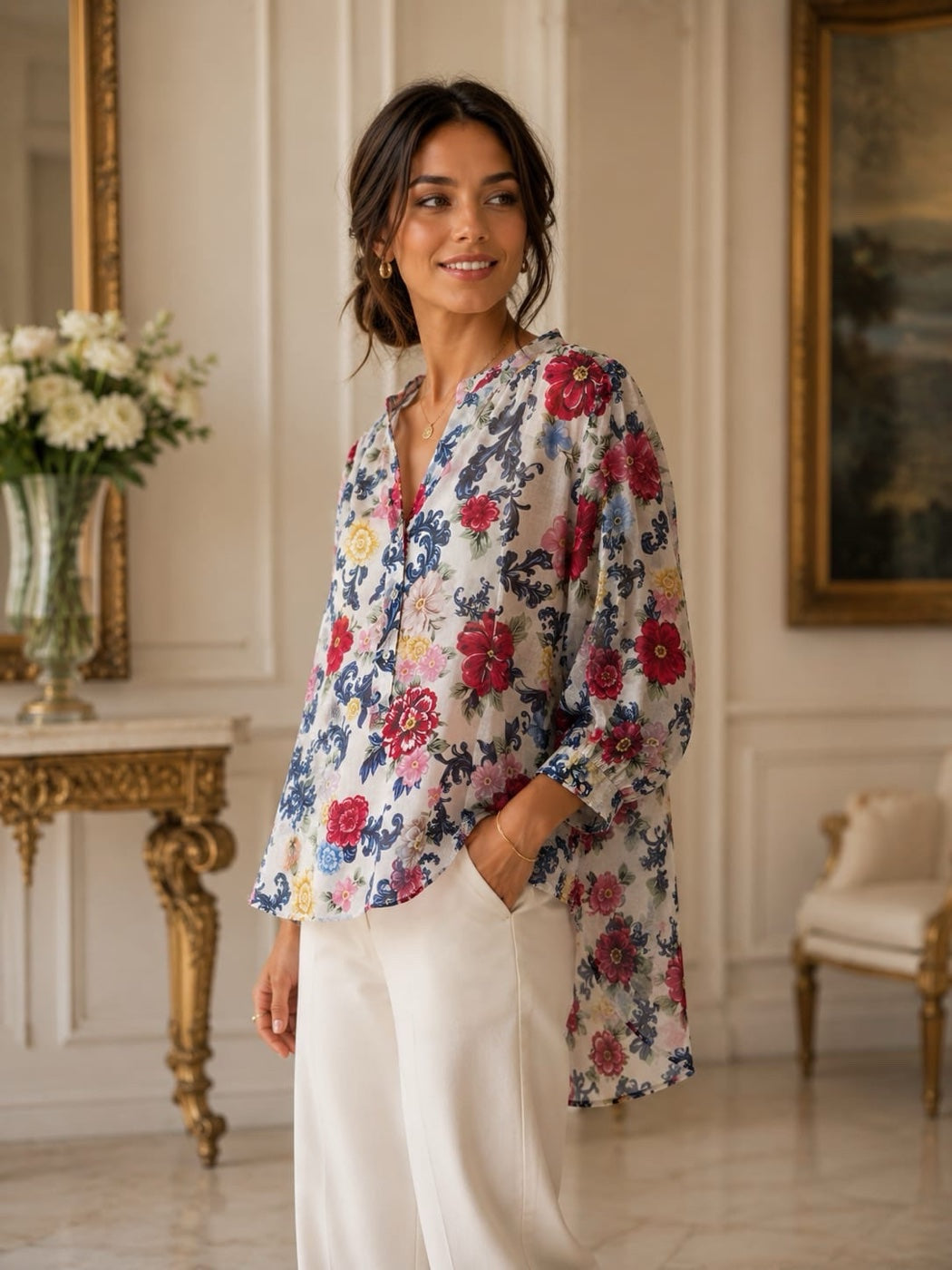 Floral Print V-Neck Blouse - White