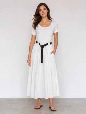 Scoop Neck Belted Midi Dress - White