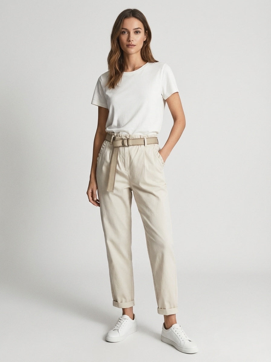 Cotton Belted magic Trousers - Beige