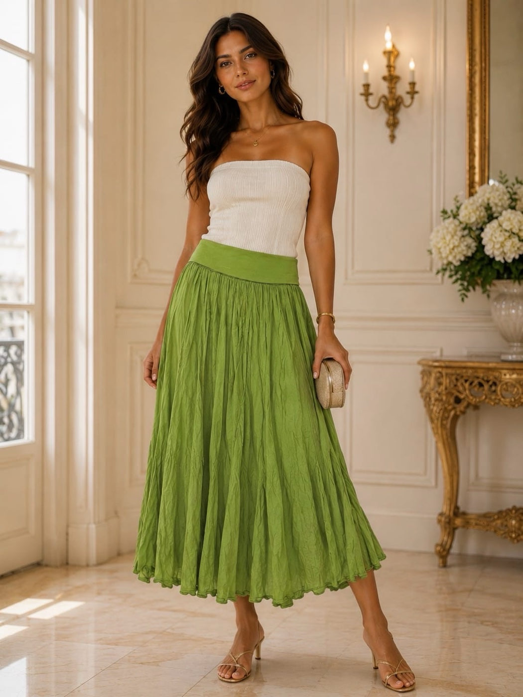 Flowing Scalloped Hem Maxi Skirt - Green