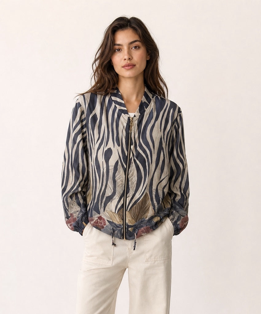 Abstract Leaf Print Bomber Jacket - Navy