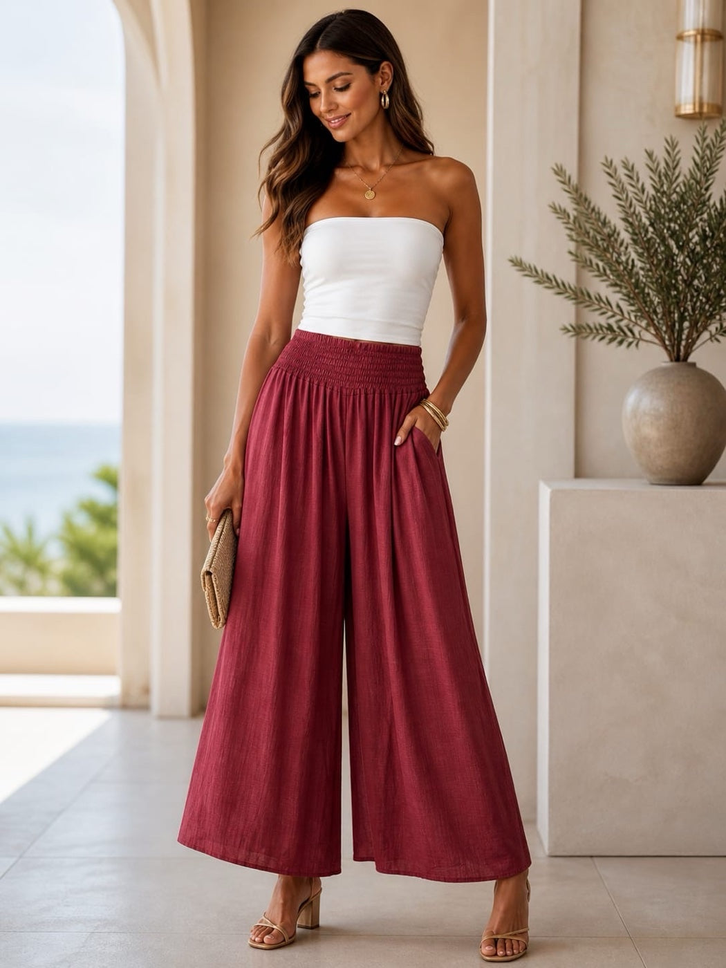 Smocked Waist Wide-Leg Culottes - Burgundy
