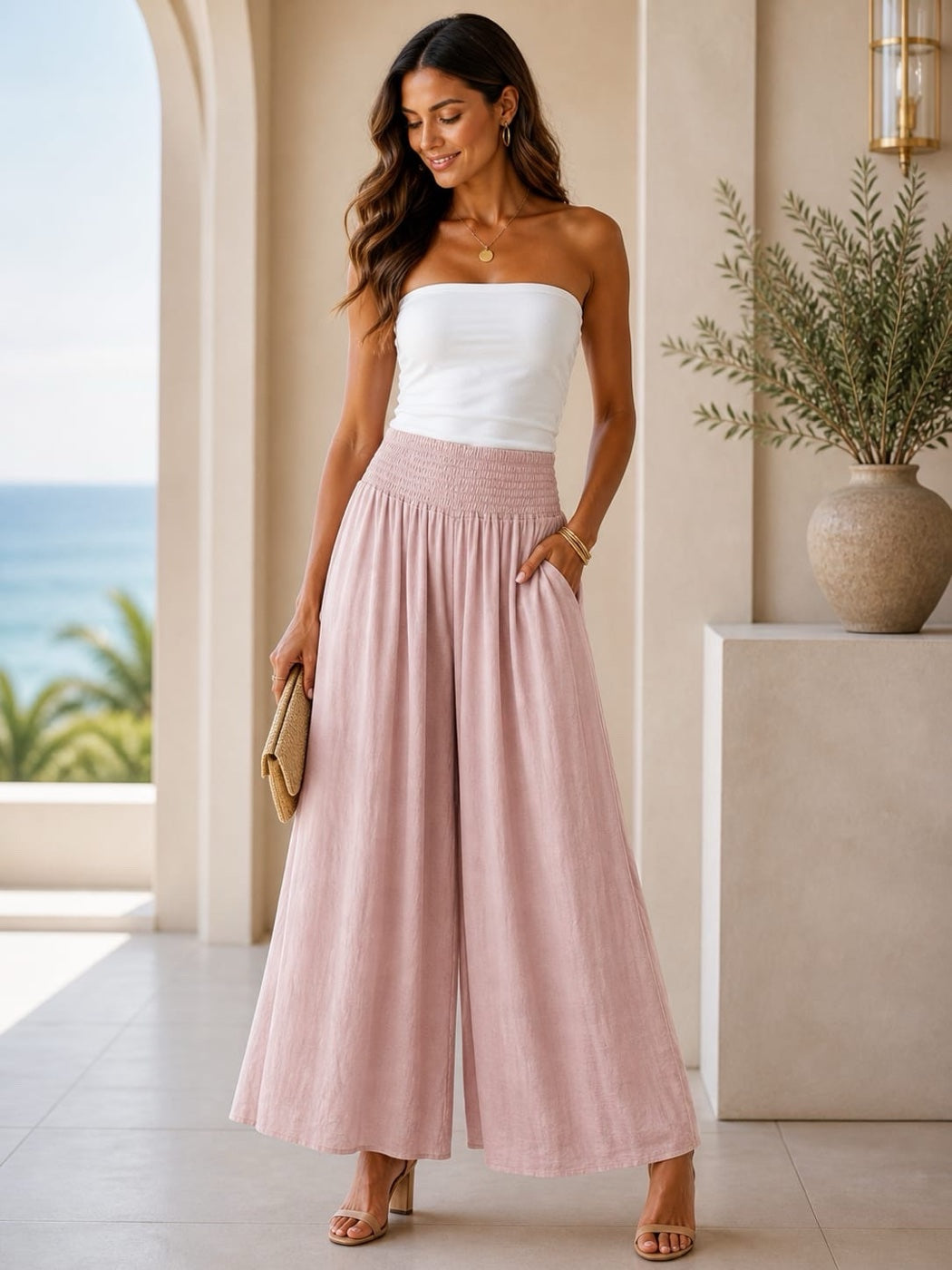 Smocked Waist Wide-Leg Culottes - Chocolate