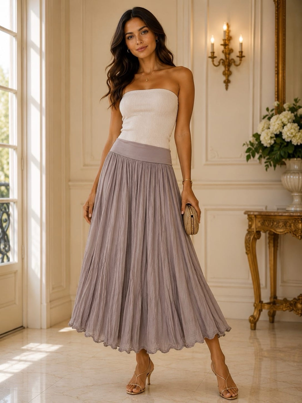 Flowing Scalloped Hem Maxi Skirt - Mocha