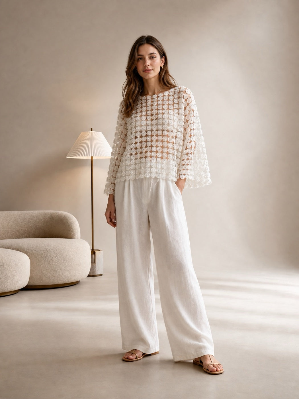 Embellished Floral Overlay Top - Ghost White