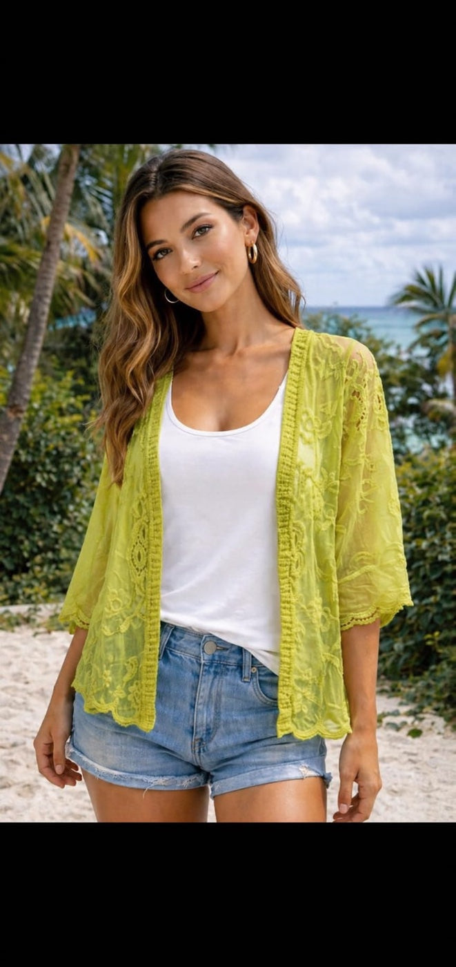 Lace Kimono Jacket - Yellow Green
