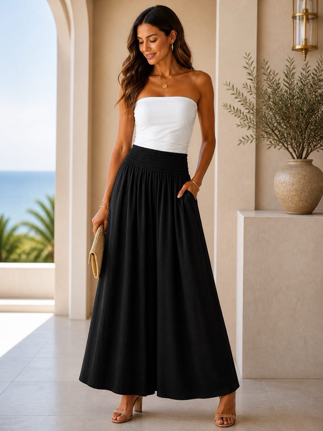 Smocked Waist Wide-Leg Culottes - Black