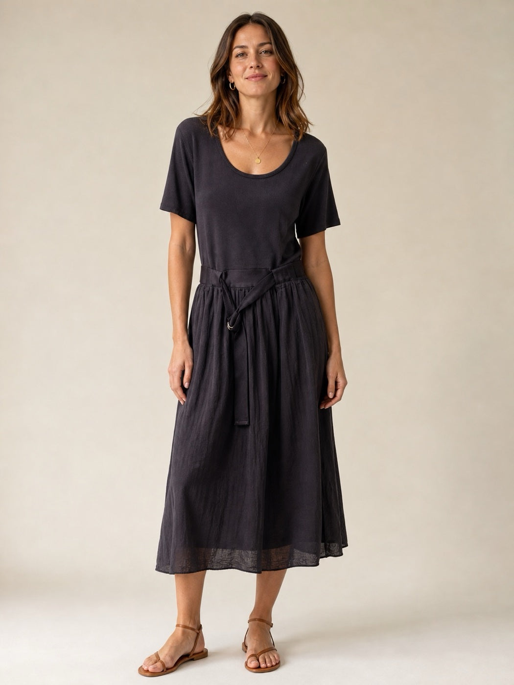 Scoop Neck Belted Midi Dress - Brown