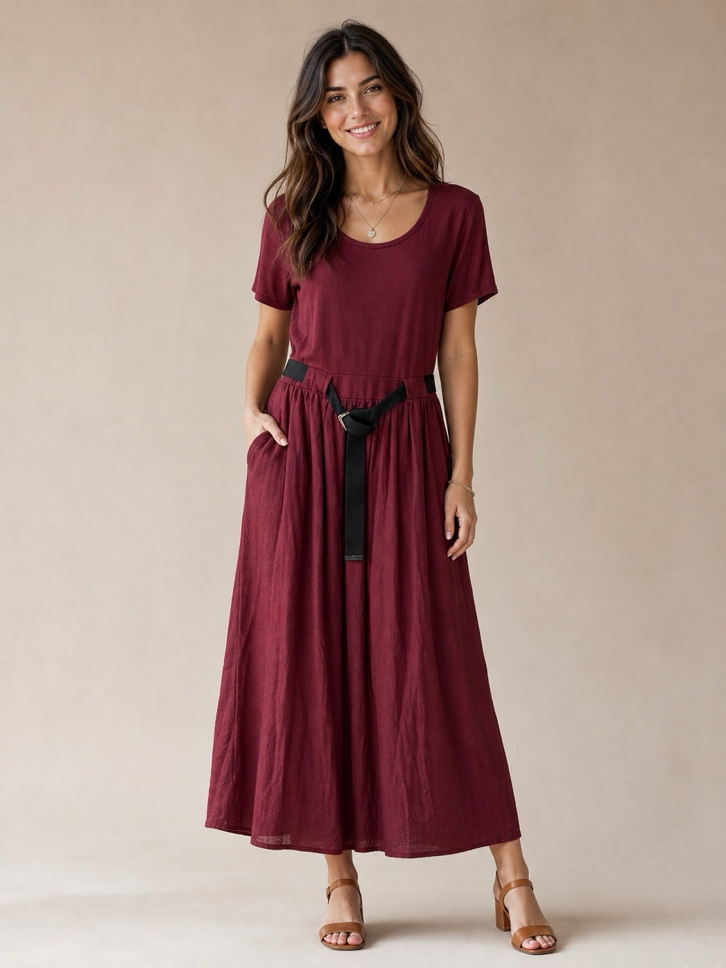 Scoop Neck Belted Midi Dress - Burgundy
